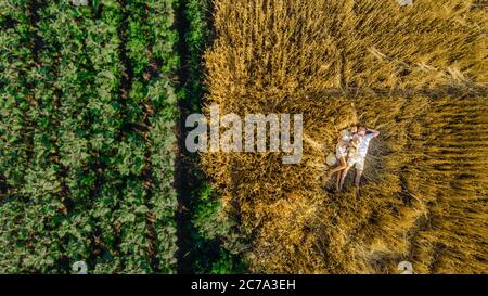 View from drone to happy young family lying and resting in yellow wheat field near sunflowers with baby. Stock Photo