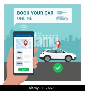 Car rental app: car parked on the city street, man holding a smartphone and booking the vehicle Stock Vector