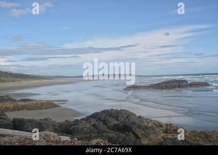 Long Beach near Tofino and Ucluelet, looking south-west over Combers Beach in the afternoon on a summer day. Stock Photo