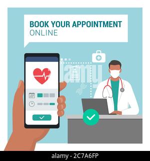 Book your medical appointment online using a mobile app, doctor sitting at desk in the background and wearing a face mask Stock Vector