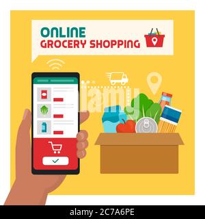 Online grocery shopping: user ordering groceries online using a mobile app, box with fresh food in the background, food delivery concept Stock Vector