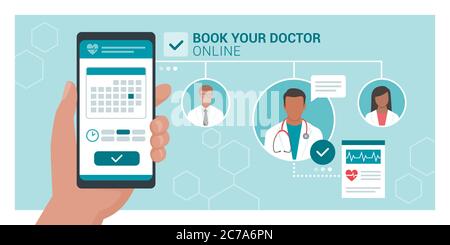 Book your doctor online: patient booking his appointment with a doctor using a mobile app, healthcare and technology concept Stock Vector