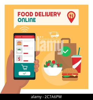 Food delivery online: user ordering a ready meal using a mobile app, delicious fresh food in the background Stock Vector