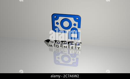 3D graphical image of money vertically along with text built by metallic cubic letters from the top perspective, excellent for the concept presentation and slideshows. illustration and business Stock Photo