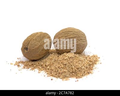 Nutmegs isolated against a white background Stock Photo