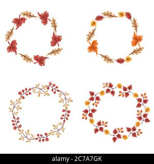 Vector autumn wreath with falling leaves, berries. Round frame made from hand drawn botanical elements. For design and decoration. 4 different options Stock Vector