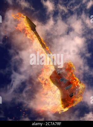 Bass guitar in fire Stock Photo