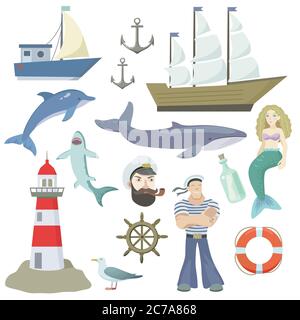 Big set of sea elements, isolated on white background. Ships, lighthouse, whale, anchor, sailor, mermaid.  Stock Vector