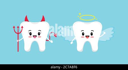 Cute tooth emoji angel and devil isolated on blue background. Stock Vector