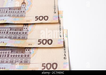 Five hundred Ukrainian hryvnia on an white background. Banknote. Stock Photo