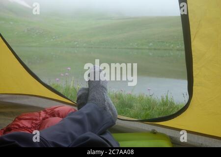 view of dipsiz lake from inside the tent in rize turkey Stock Photo