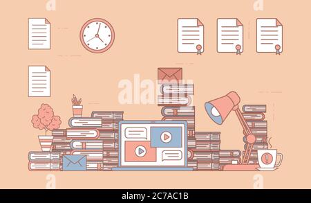 Electronic learning platform on laptop screen and desk with books and vector cartoon outline illustration. Online distance education, training, workshops, and courses design concept. Stock Vector