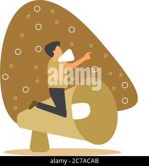 Boy sitting on the loudspeaker and giving an information Stock Vector