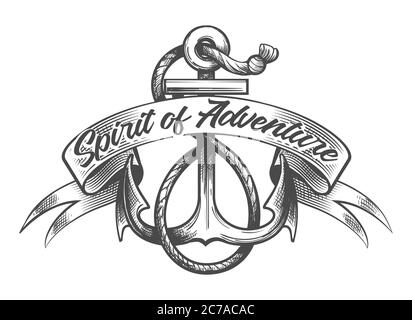 Anchor with Ropes and banner with hand made lettering Spirit of Adventure. Vector illustration in tattoo style. Stock Vector