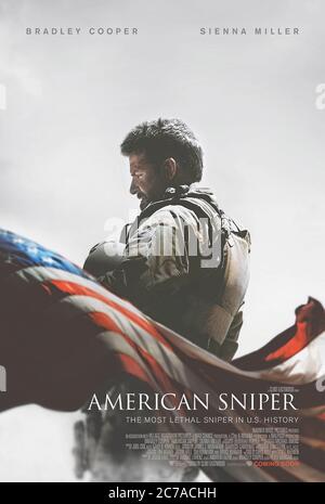 American Sniper (2014) directed by Clint Eastwood and starring Bradley Cooper, Sienna Miller and Kyle Gallner. Bio pic about legendary Navy S.E.A.L. sniper Chris Kyle who served 4 tours in Iraq and was one of the war's most deadly snipers. Stock Photo