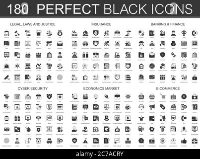 Legal, laws, justice, insurance, banking finance, cyber security, economics market and e-commerce black mini concept icons symbols. Modern vector icon pictogram Stock Vector