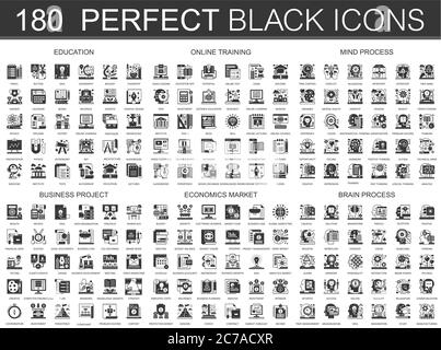 180 education, online learning, brain mind process, business project, economics market icons classic black mini concept symbols. Vector modern icon pictogram illustrations set Stock Vector