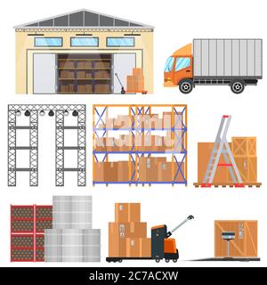 Warehouse and logistic flat vector equipment icons. Delivery truck, storage, warehouse and cargo boxes Stock Vector