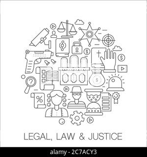 Legal, law and justice in circle - concept line illustration for cover, emblem, badge. Thin line stroke icons. Stock Vector