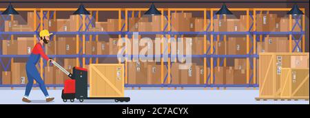 Modern warehouse vector interior with goods, pallet trucks and industrial worker who carrying dalivery box Stock Vector