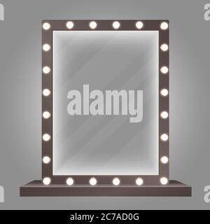 Mirror in frame with bulb lights. Makeup mirror vector illustration Stock Vector