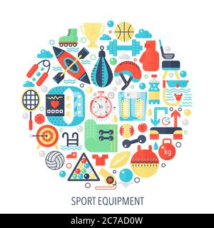 Sport fitness equipment flat infographics icons in circle - color concept illustration for sport equipment cover, emblem, template Stock Vector
