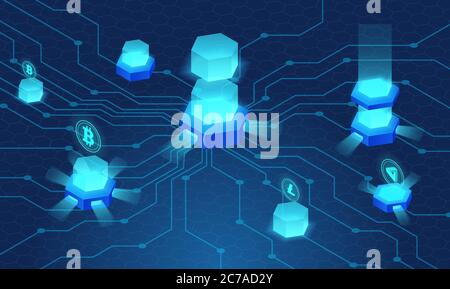 Cryptocurrency and blockchain concept, data powered center, cloud data storage isometric vector illustration. Web design, presentation banner Stock Vector