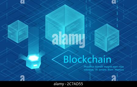 Cryptocurrency and blockchain concept, data powered center, cloud data storage isometric vector illustration. Web design, presentation banner Stock Vector