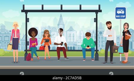 People were sitting at the modern bus stop. Vector illustration Stock Vector