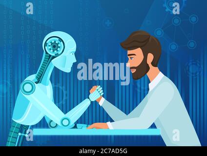 Vector cartoon Human businessman office manager man vs robot artificial intelligence pulling rope competition. Near future battle Stock Vector