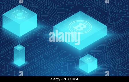 Cryptocurrency and blockchain concept, data powered center, cloud data storage isometric vector illustration. Web design, presentation banner Stock Vector