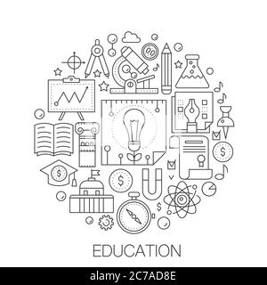 Education in circle - concept line illustration for cover, emblem, badge. School university education thin line stroke icons Stock Vector