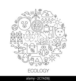Ecology in circle - concept line illustration for cover, emblem, badge. Ecology thin line stroke icons Stock Vector