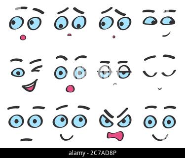 Vector color line emoji cartoon faces set. Funny avatar emotions isolated Stock Vector