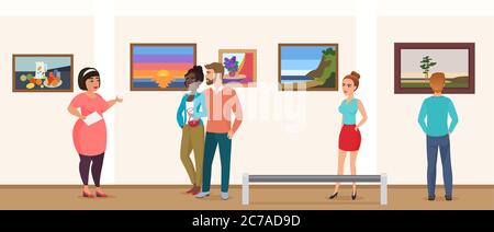Museum visitors people in art exhibition museum taking tour with guide and looking pictures photos. Stock Vector