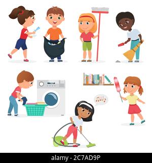Vector Cartoon kids cleaning at home set. Children in various cleaning positions Stock Vector