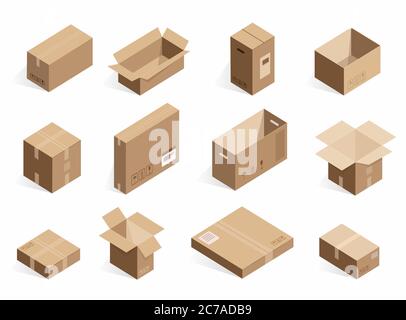 Isometric realistic cardboard delivery boxes. Opened, closed logistic box. Stock Vector