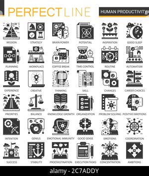 Vector Human productivity classic black mini concept icons and infographic symbols set Stock Vector