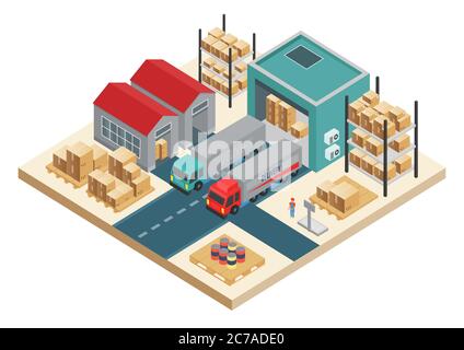 Vector isometric transportation logistic concept. Distribution service Concept. Warehouse storage and distribution company Stock Vector