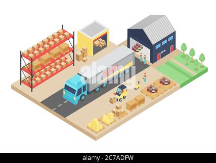 3d isometric process of the warehouse. Cargo storage vector illustration. Warehouse logistic interior, building, warehouse tansportation delivery company Stock Vector