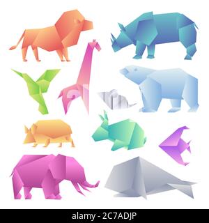 Low poly modern gradient animals set. Origami gradient paper animals. Lion rhino hummingbird giraffe mouse bear hedgehog hare fish elephant whale Stock Vector