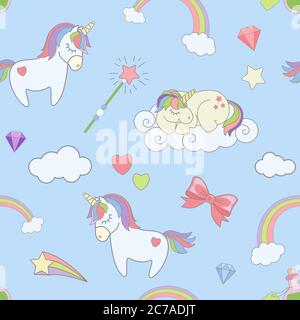 Vector seamless pattern with cute unicorns, rainbow clouds, magicsticks and heart stars. Magic dream background with little unicorns kids Stock Vector