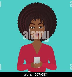 Stylish surprised office african american black young woman with smartphone. Girl looking at smartphone Stock Vector