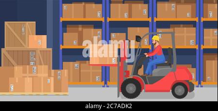 Industrial modern warehouse interior with delivery boxes shelves goods and pallet trucks. Cargo company storage and logistics concept Stock Vector