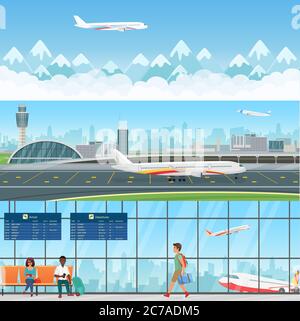 Airport detailed horizontal vector banners templates. Waiting room in terminal with passengers people. Travel concept flying aircraft with mountains in clouds Stock Vector