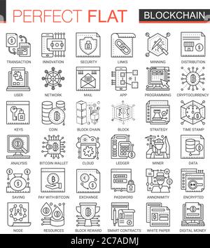 Blockchain outline mini concept symbols. Bitcoin, ethereum cryptocurrency modern stroke linear style illustrations set. Perfect thin line icons Stock Vector