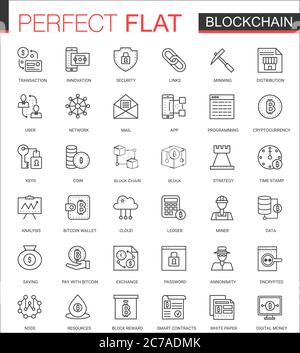 Blockchain, bitcoin cryptocurrency thin line web icons set. Outline stroke icon design Stock Vector