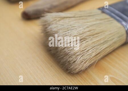 Bristles from a paintbrush or brush used in home restoration work placed on a wooden table Stock Photo