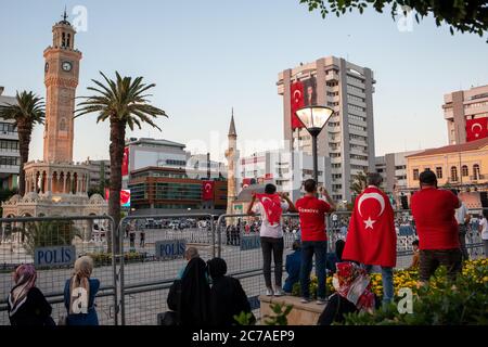 The celebrations of 15 July 2020 Democracy and National Unity Day were celebrated, during Corona Virus outbreak, in Izmir Konak Square. Stock Photo