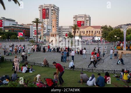 The celebrations of 15 July 2020 Democracy and National Unity Day were celebrated, during Corona Virus outbreak, in Izmir Konak Square. Stock Photo